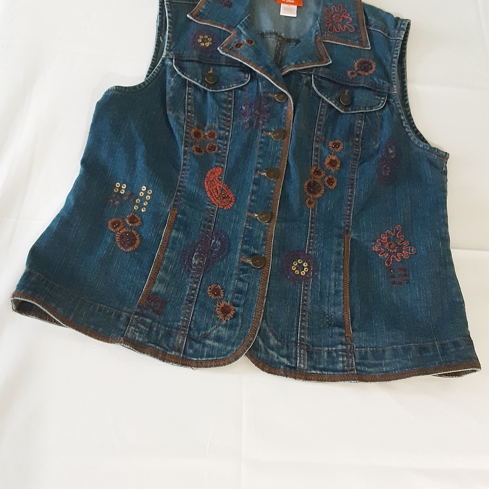 Hearts Of Palm 🌞036 Women's Blue Denim Vest Embroidered Sz 12 Preowned Collared